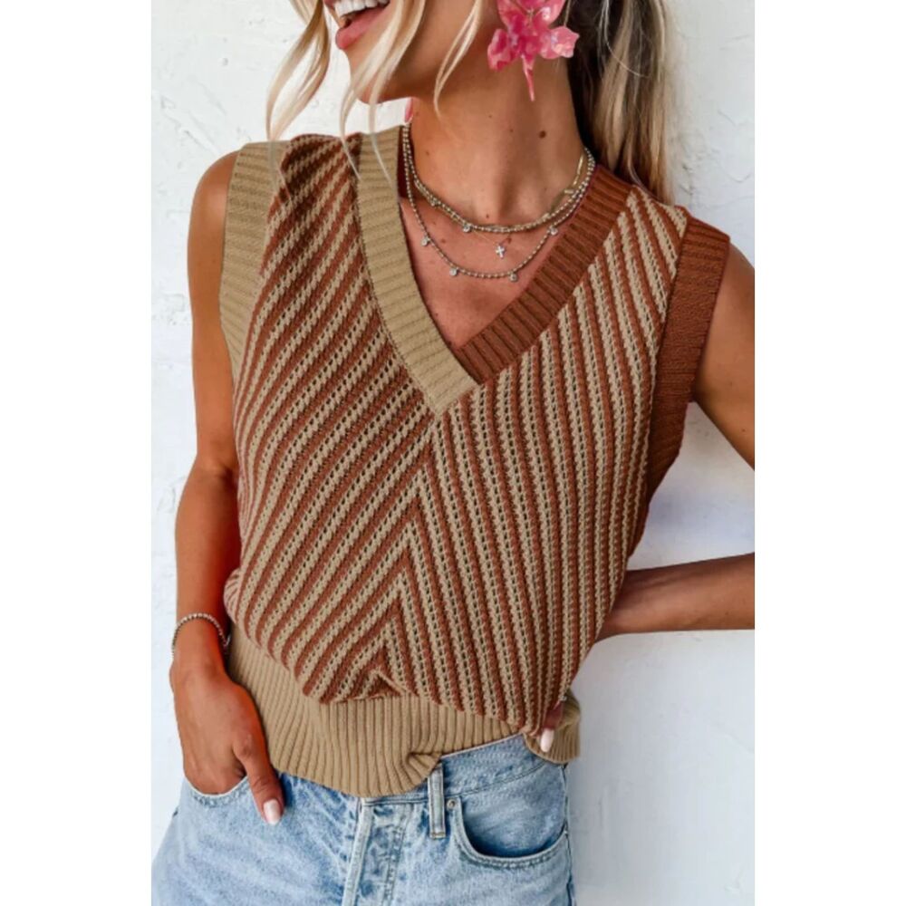 Chevron Soft Viscose Knit Vest Jumper  Brown/Tan Small Preppy Academia Neutral